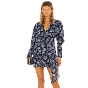 Saylor Merritt Chiffon Medium Purple Floral Blue Long Sleeve Dress Mini Cocktail